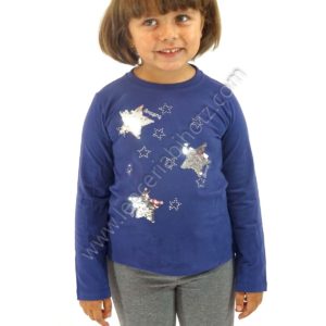 camiseta para niña de manga larga de color azul. Estrellas con lentejuelas reversibles que cambian de color.