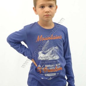 camiseta manga larga para niño de color azulón. Estampado de dibujo con letras