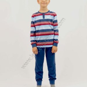 pijama niño algodon manga larga camiseta de rayas y pantalon liso color marino