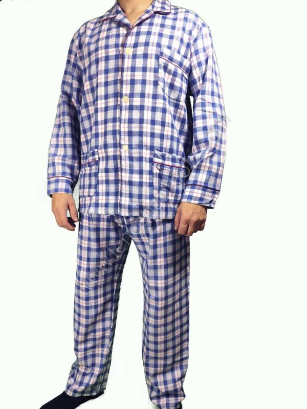 pijama hombre franela cuadros manga larga. Tonos azules. Aberierto de botones