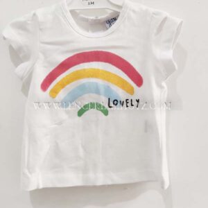 camiseta niña verano corchetes arco iris. Manga corta. Blanca. corchetes traseros
