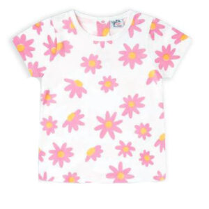 camiseta bebe manga corta margaritas blanca flores rosas. Corchetes traseros