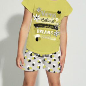 pijama sin mangas niña margaritas, camiseta amarilla detalles letras plateada purpurina