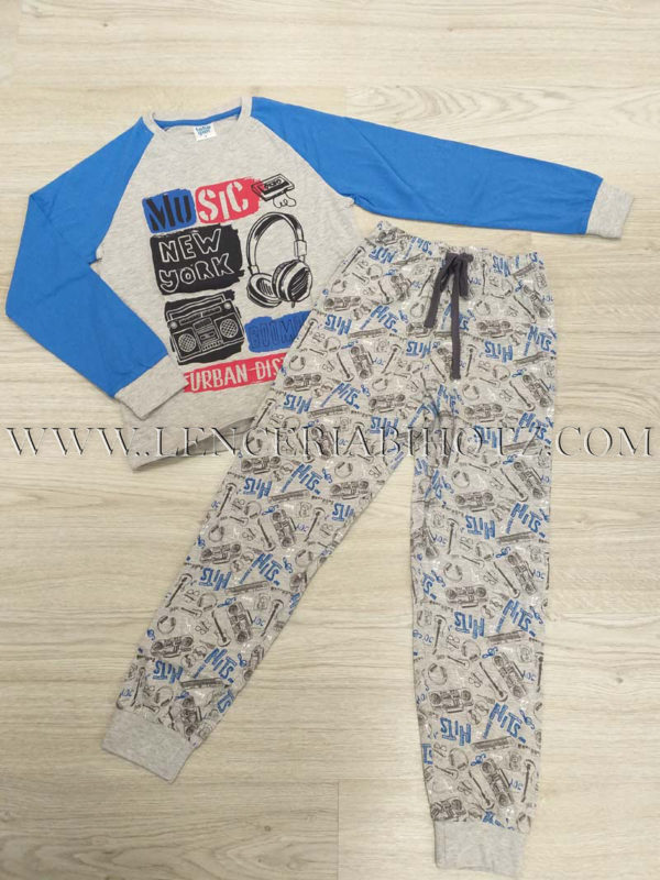 pijama niño largo camiseta mangas de color azul y pantalon gris estampado de letras