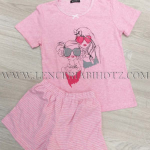 pijama niña para verano de manga corta rosa, con pantalon de rayas horizontales