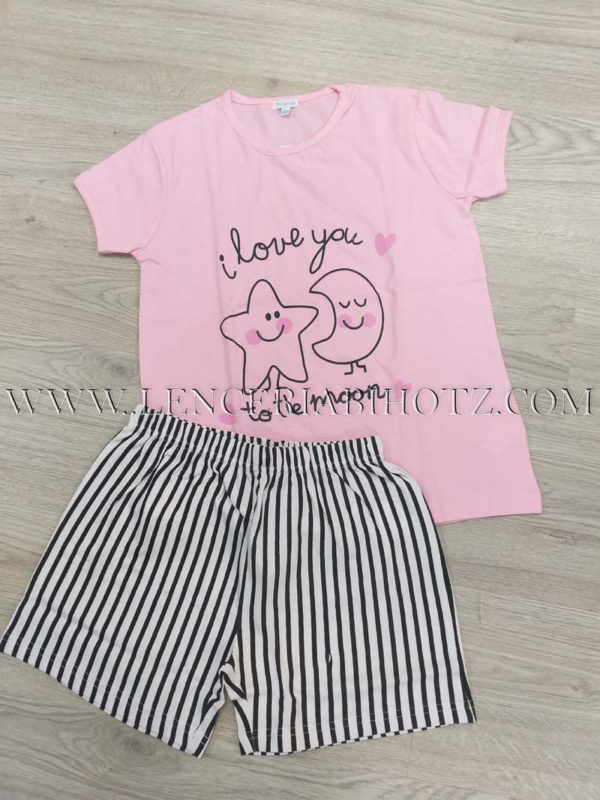pijama para niña de verano con pantalon corto con rayas verticales y manga corta rosa con dibujo sol y luna