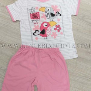 pijama niña verano manga corta blanca con dibujos rosas y pantalon corto rosa