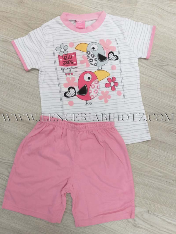 pijama niña verano manga corta blanca con dibujos rosas y pantalon corto rosa