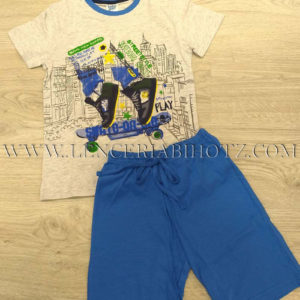 pijama niño, camiseta manga corta gris estampada, pantalon azul liso