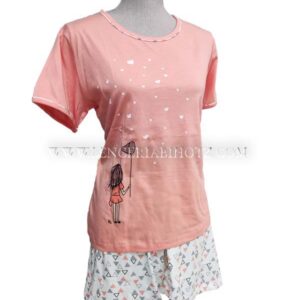 pijama verano mujer algodon corazones. Camiseta manga corta coral y bermuda blanca con triangulos grises y corales