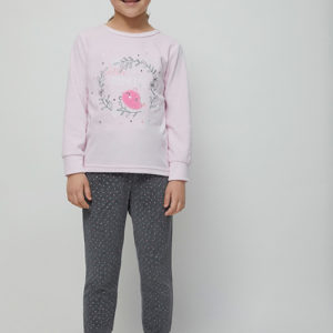 pijama niña terciopelo. Camiseta manga larga con puños en rosa pastel con bordados, pantalon con puños gris marengo estampado