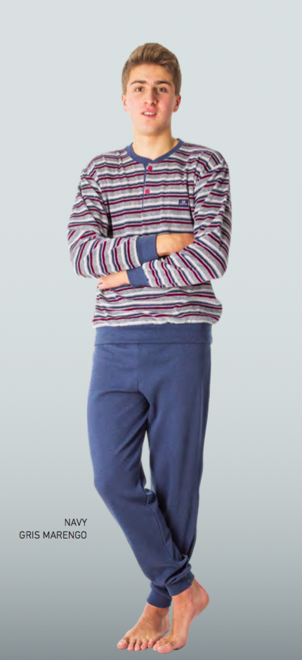 pijama hombre camiseta rayas con puños y botones. Pantalon con puños en azul con felpa