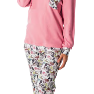 pijama mujer felpa camiseta rosa con botones puños, bolsillo y remates estampados a juego con el pantalon.