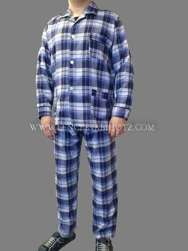 pijama hombre viella cuadros azul y gris. Botones