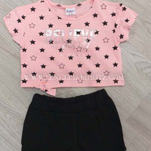 conjunto niña verano camiseta estrellas manga corta rosa palo. Bermuda negra algodon