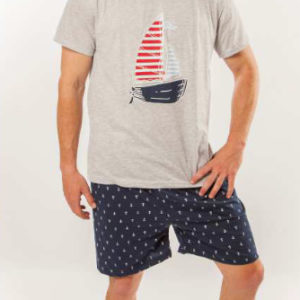 pijama hombre verano marinero velero centro camiseta. Manga corta, bermuda marino estampado anclas