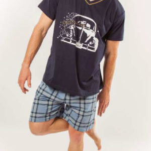 pijama hombre juvenil bermuda cuadro. Algodon, camiseta manga corta cuello pico marino, bermuda azul