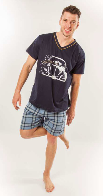 pijama hombre juvenil bermuda cuadro. Algodon, camiseta manga corta cuello pico marino, bermuda azul