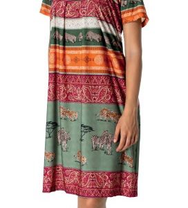 vestido verano mujer estampad tribal. manga corta escote redondo, tela extra suave colores franjas, kaki, naranja granate