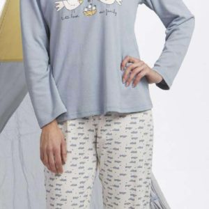 pijama mujer algodon pajaros. Camiseta manga larga azul cuello pico, pantalon puños