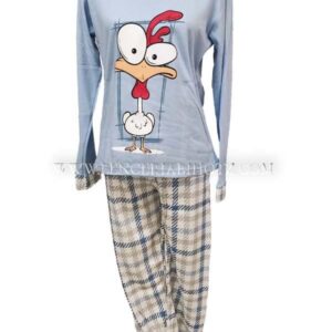 pijama mujer afelpado puños gallina, camiseta azul puños y remate cuello estampado. Pantalon blanco estampado pata gallo gris y azul