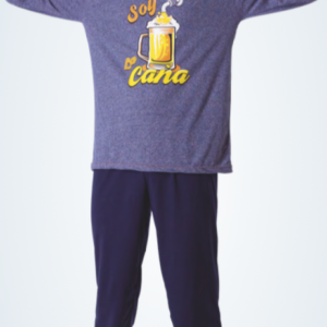 pijama hombre entretiempo juvenil cerveza. Camiseta azul jeans dibujo central original, pantalon largo puños marino